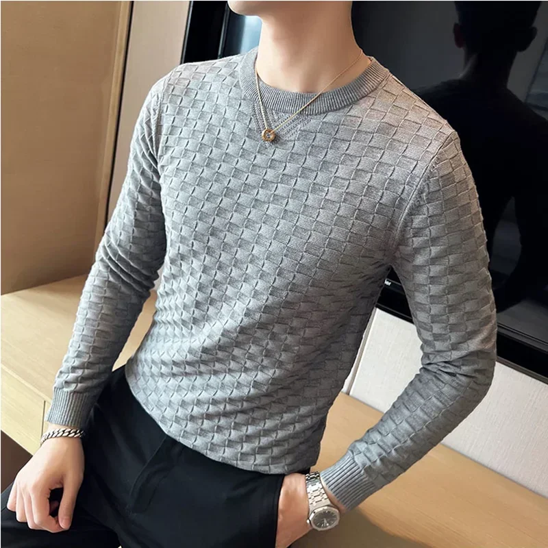 Autumn Winter Stretch Jacquard Woven O-Neck Sweater Men\'s Waffle Slim Fit Long Sleeve Knitted Pullovers Casual Streetwear Homme