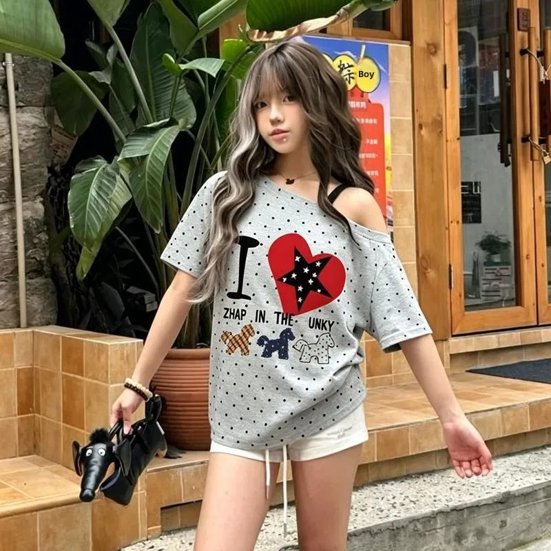 Korean Style Lazy Color Block Stripe Shoulder Bared Loose Short Sleeve T-Shirt Women Summer Slimming Sexy Top Ladies Fashion