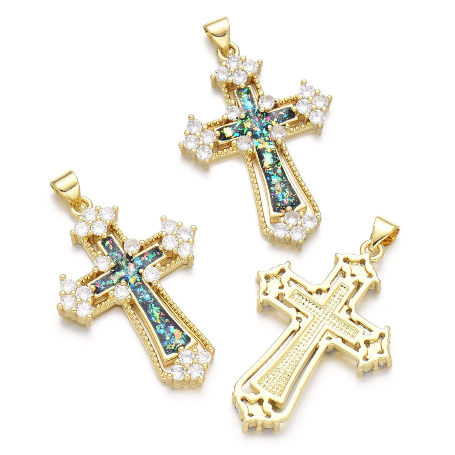5pcs Opal Copper Gold Plated Micro-Inlaid Zircon Cross Pendant Accessories DIY Pearl Necklace Jewelry Making Materials Wholesale