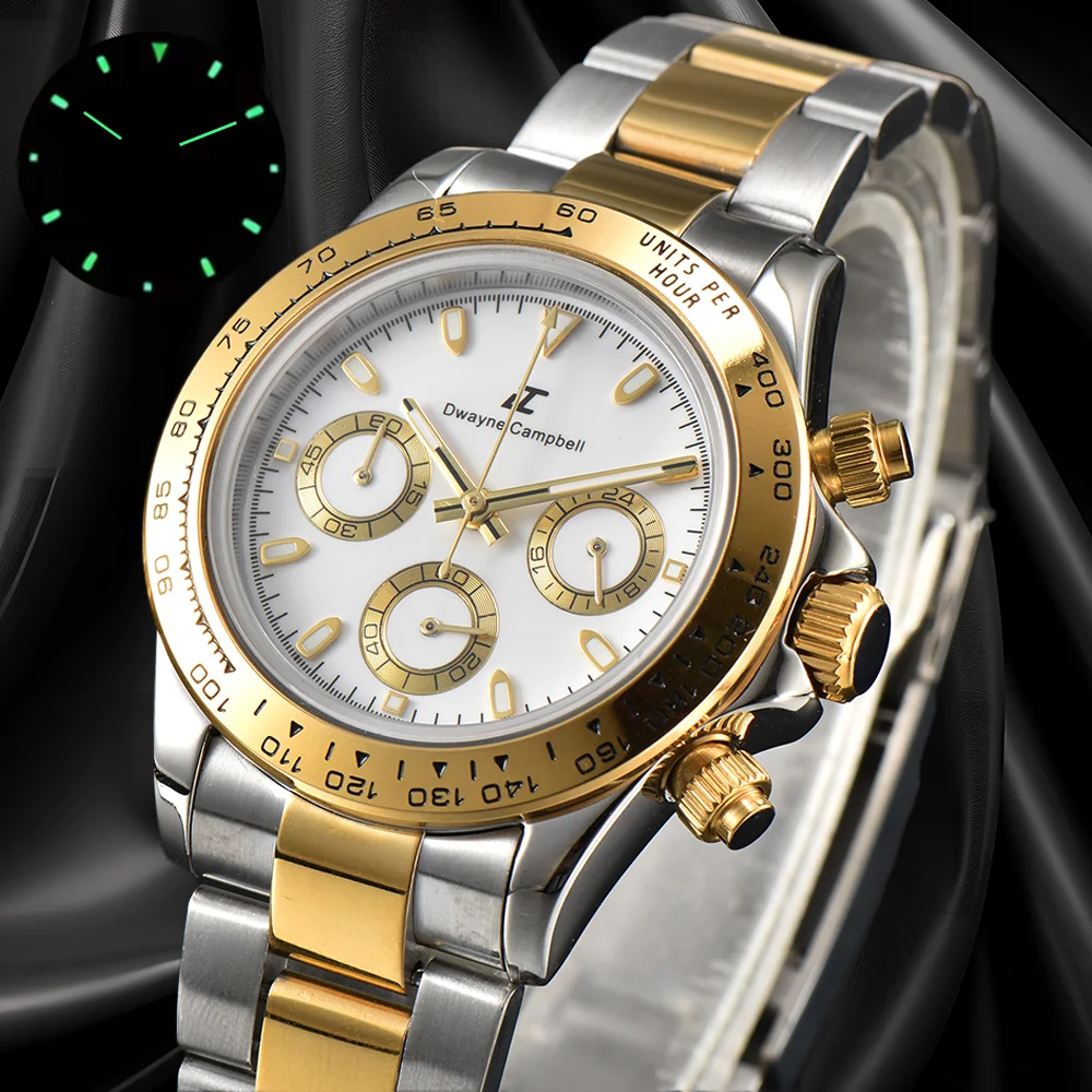 Reloj para hombre VK63 de 39,3 mm con logotipo de "DC", movimiento de cuarzo para buceo, acero inoxidable 316L, cristal de zafiro, bisel de cerámica resistente al agua