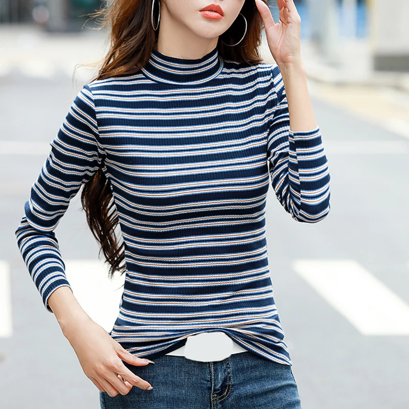 Striped T Shirt Women Cotton Long Sleeve Tees Korean Clothes Casual Turtleneck Tshirt Womens 2022 Autumn Winter Tee Shirt Femme