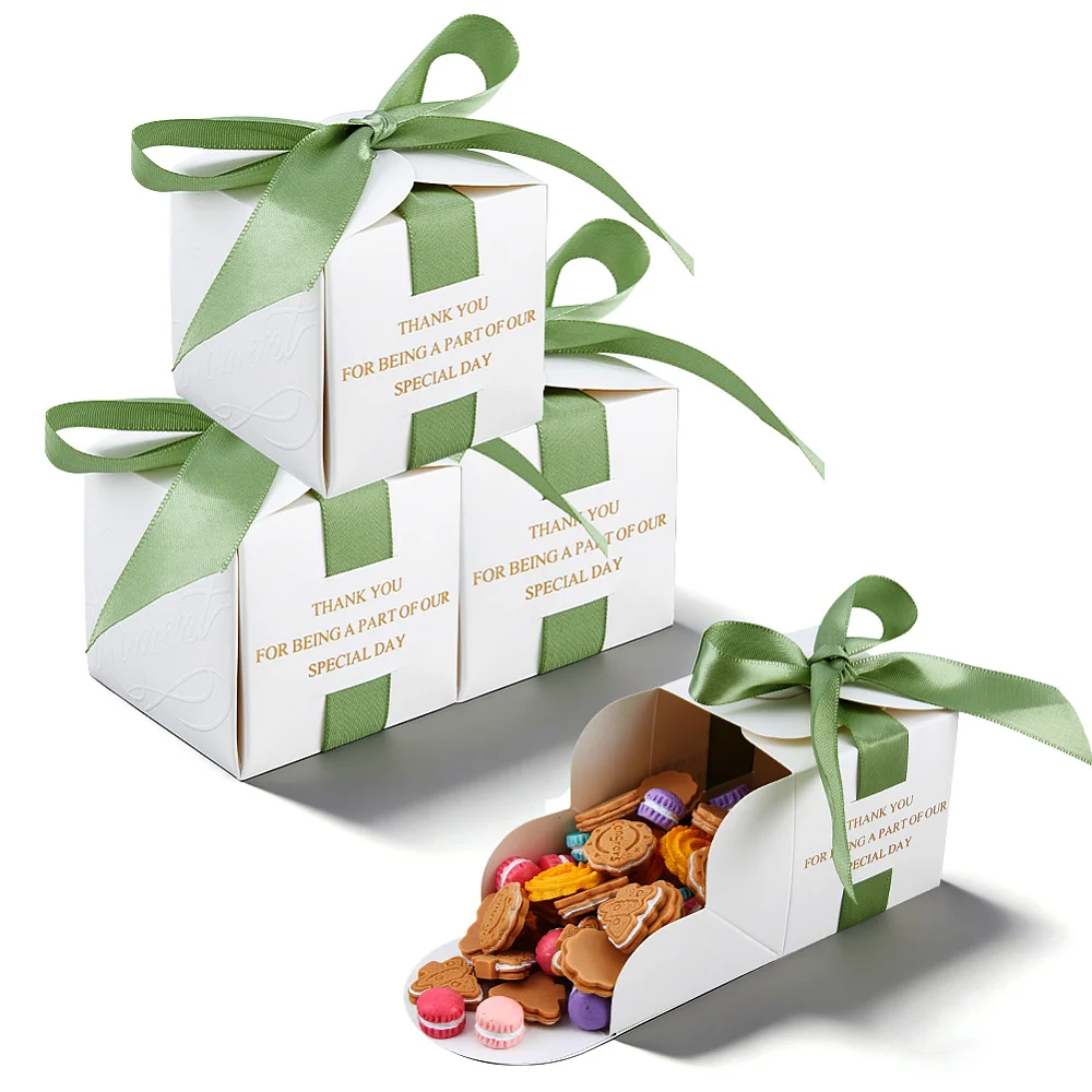 60Pcs Wedding Favor Boxes 6.5x6.5x6.7cm Wedding Party Box with Olive Drab Ribbons Small Guest Gift Boxes