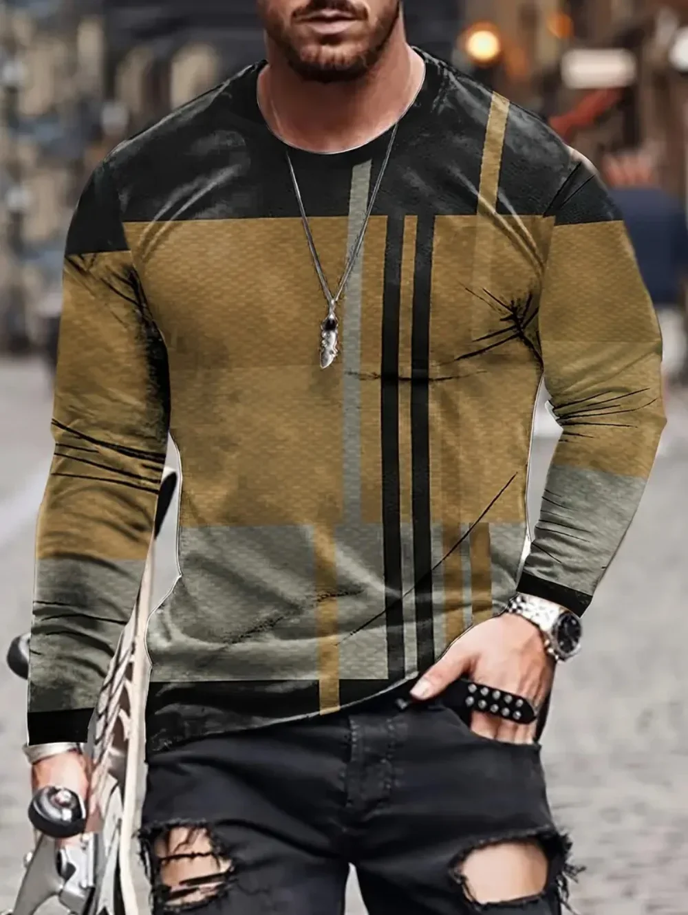 Herren Langarm-T-Shirt aus Polyester mit 3D-Druck, Vintage-Bürstertextur, geometrischem Grafikmuster, Rundhalsausschnitt, lässige Streetwear-Oberteile – Detail 7