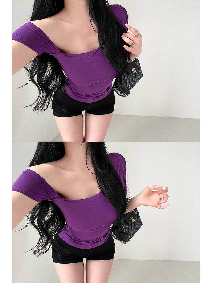 YoungGirlDay Slim Fit Sexy Shoulder Bared Short Sleeve T Shirt Loose Atmosphere Pure Desire Women's Fashion Top