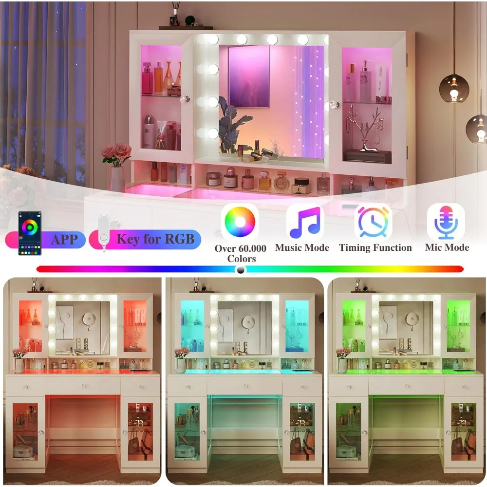 Vanity Desk with Mirror and RGB Lights, 43 Large Makeup Vanity with Glass Top, 4 Large Glass Cabinets, Power Outlet & 3 Drawers, image 2