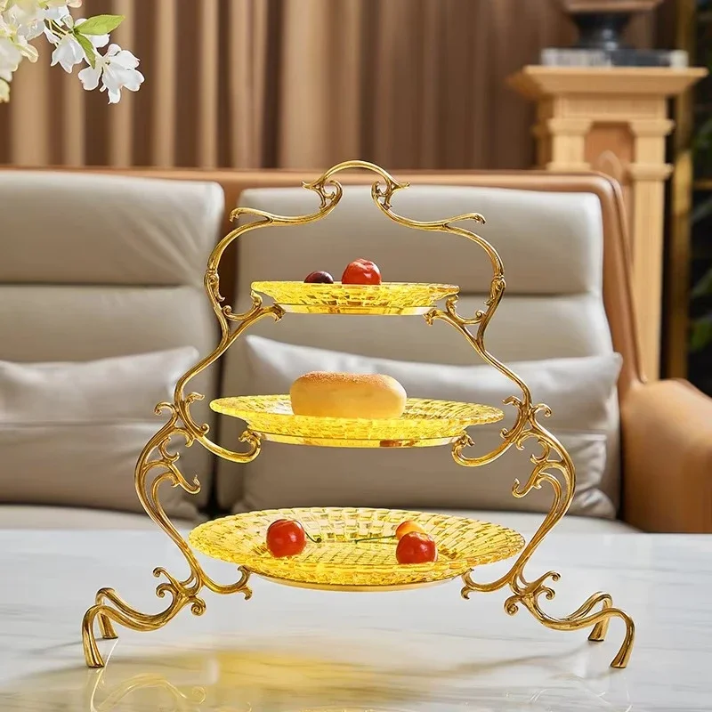 European creative multi-layer crystal cake stand candy plate, modern activity brass decorative fruit plate