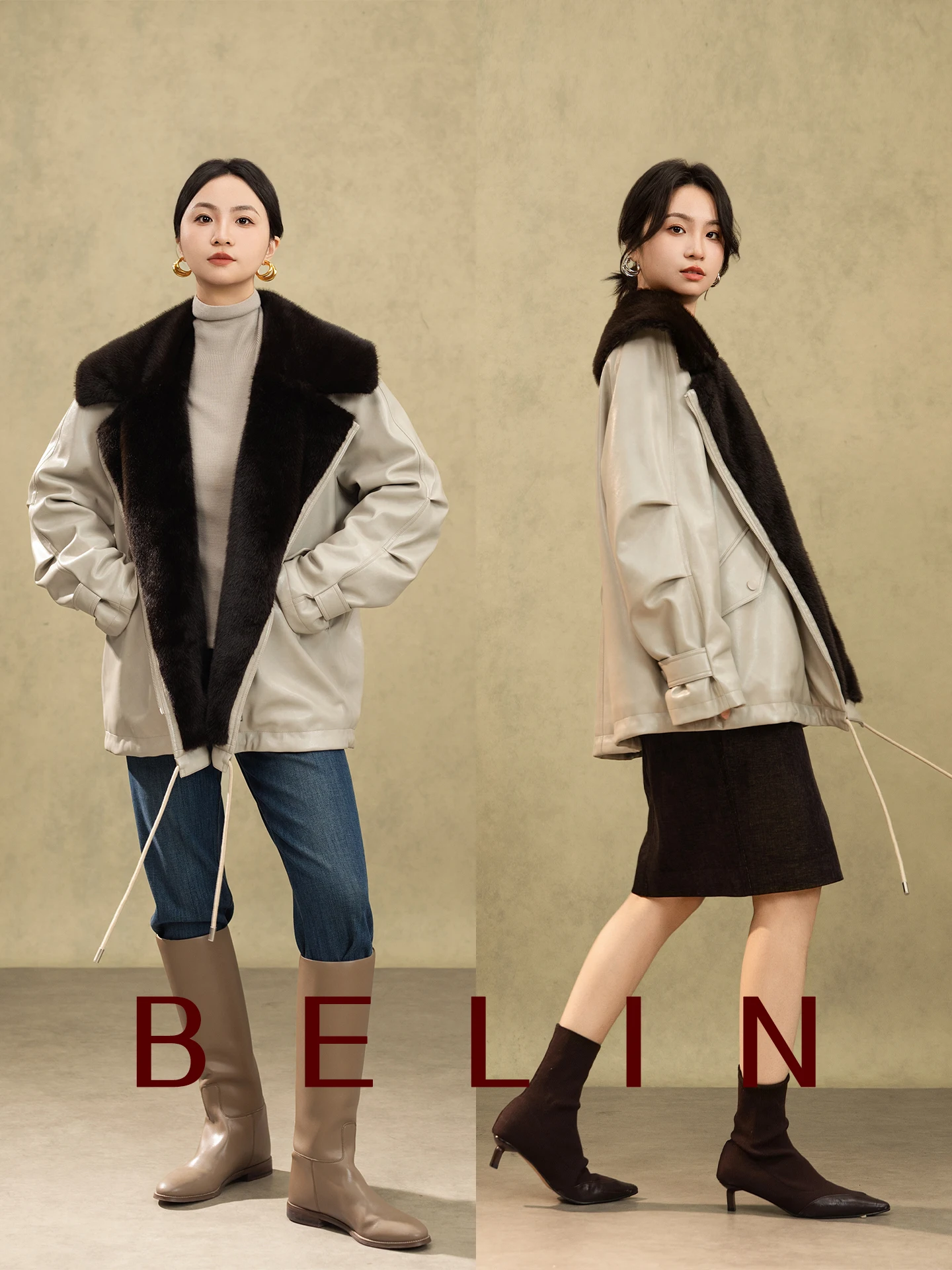 

Belin High Quali Thiened Leather Fur Inteated Warmth Faionable Environmental Protection Winter New Sle Women's Coat