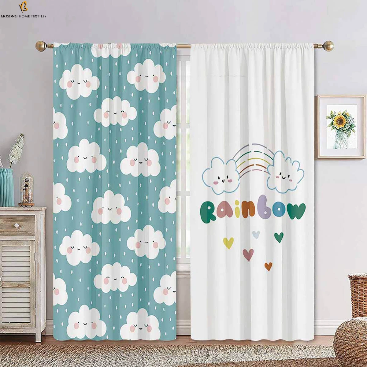 

Cute Cartoon Stars, Moon And Clouds Printed Curtains Blue And White Color Matching Children's Room Decorative Curtains 2 Pieces