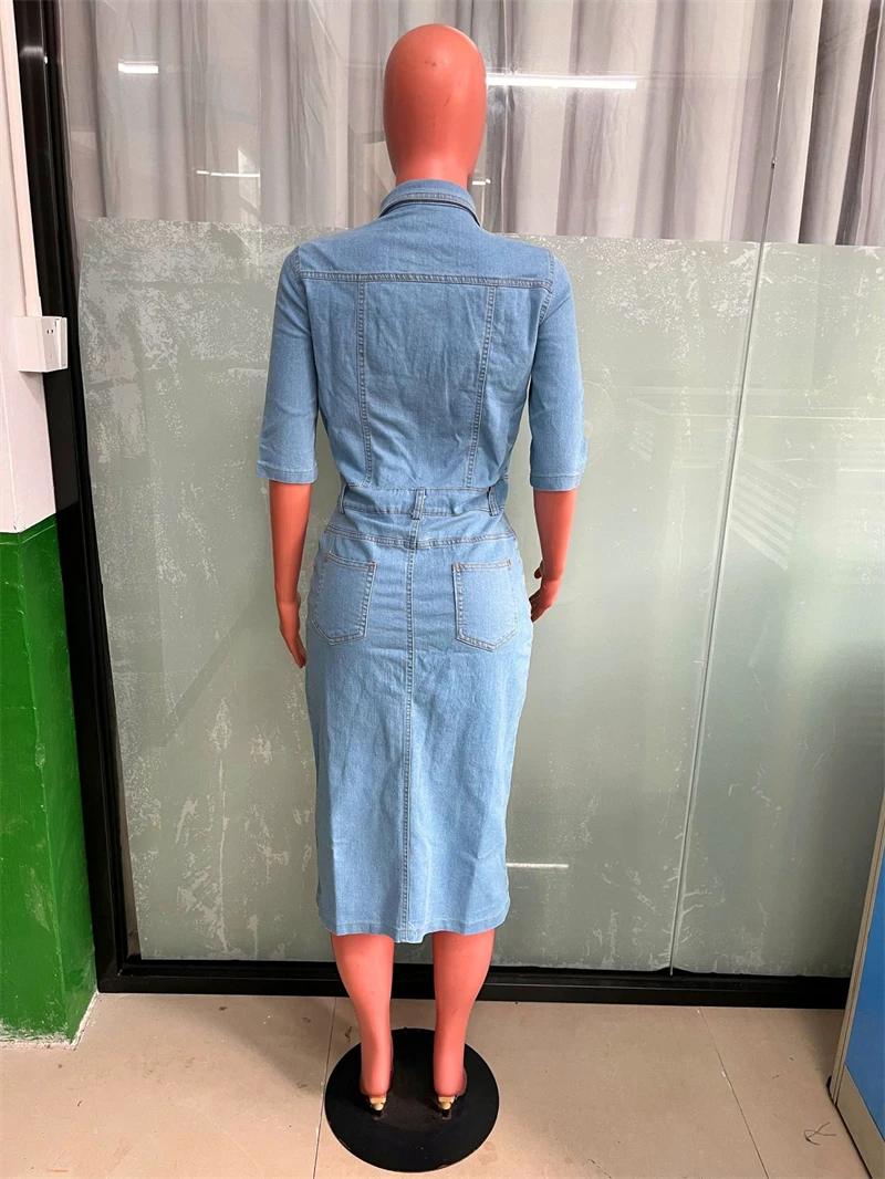 Fashion Jean Dress Women Summer Y2K Clothes Turn Down Collar Button Up Bodycon Midi Dresses Streetwear Denim Dress Vestidos