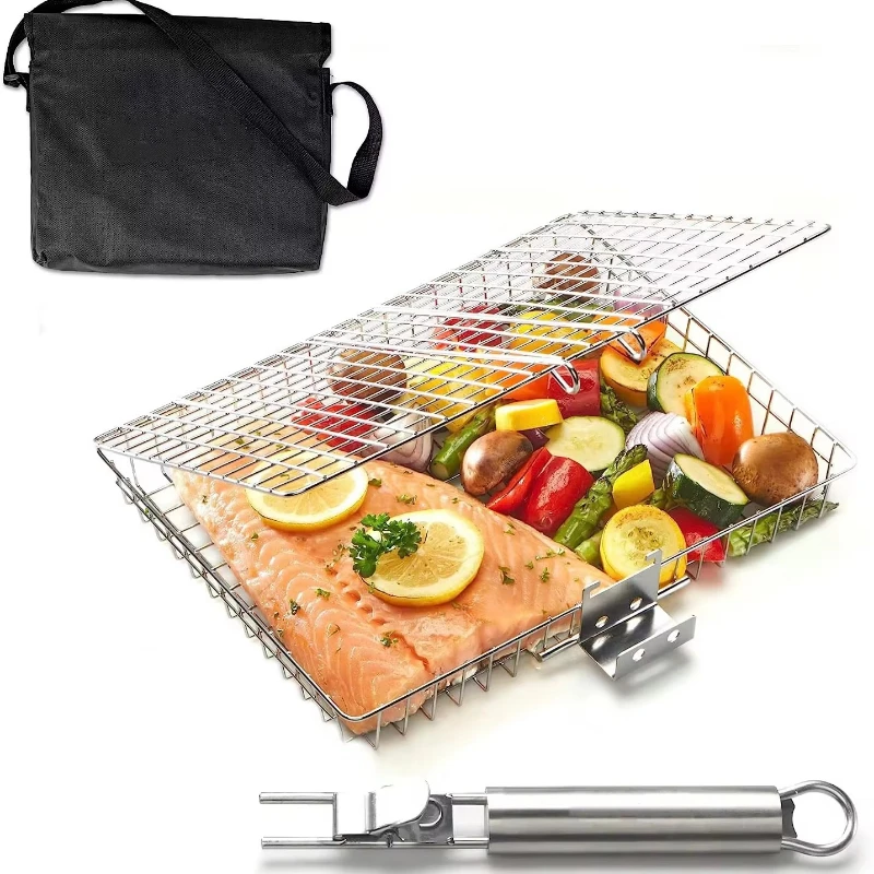 Stainless Steel Adjustable Grill Basket with Removable Handle for Charcoal Grill