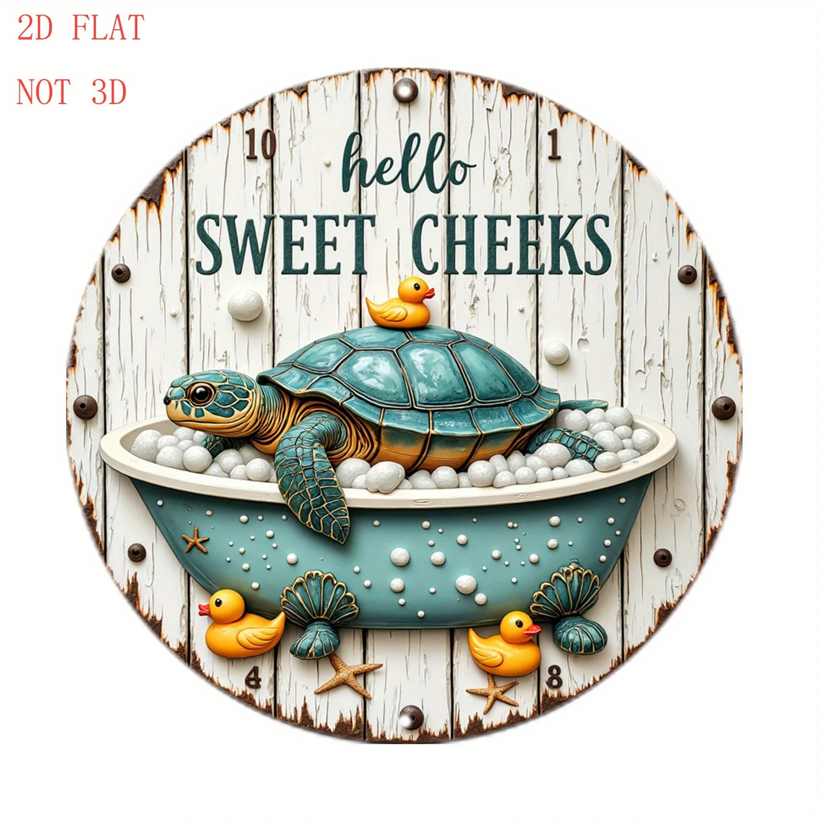 2D Flat - Round Aluminum Wall Sign Featuring an 8-Inch Turtle in a Bathtub Surrounded by Ducklings And a Vintage Design. Perfect