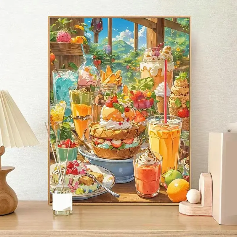 1set Gourmet Dessert Afternoon Tea Digital Oil Painting DIY Filling Handmade Painting Coloring Decompression Hand Drawing