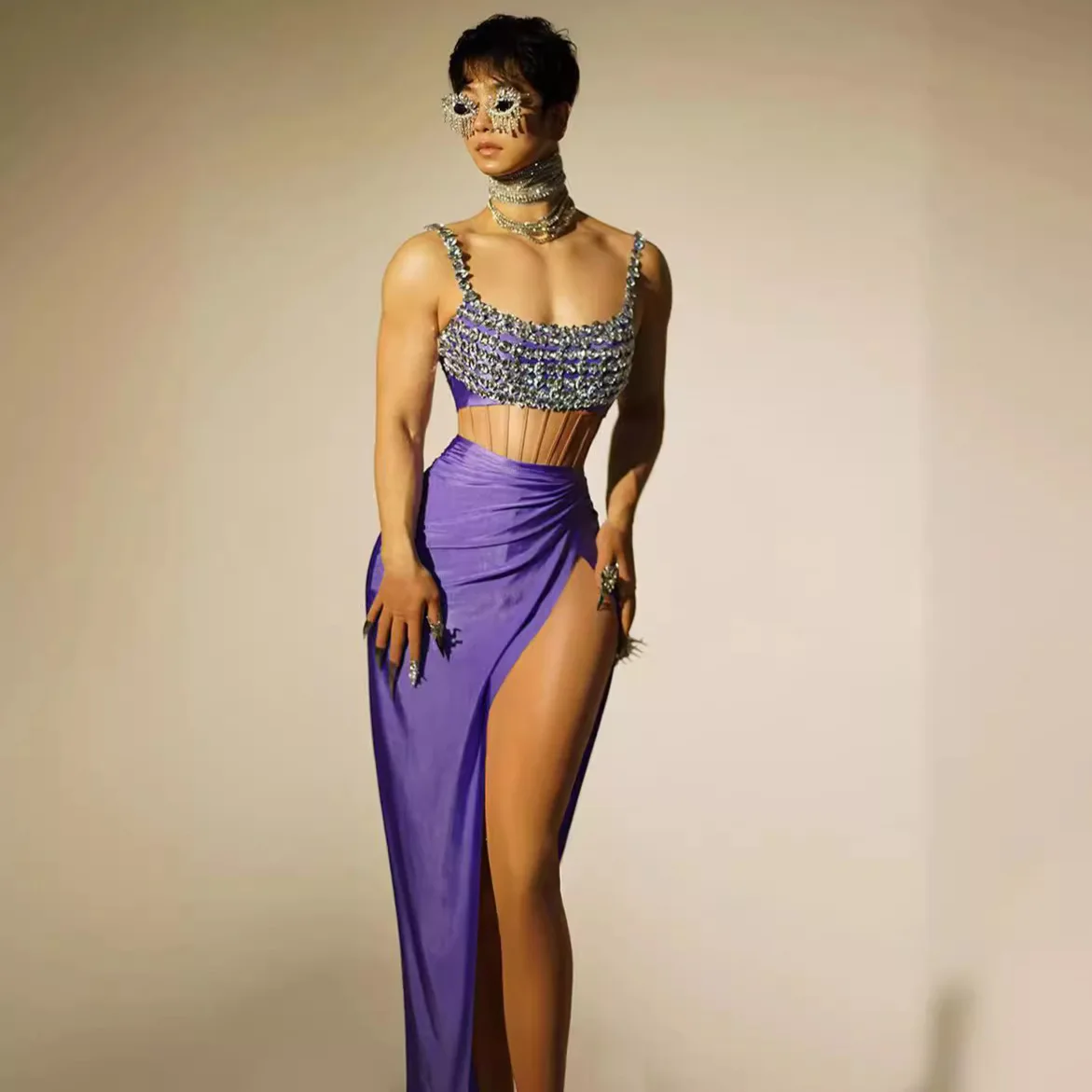 فضي الماس الجنية عالية سبليت بلا أكمام موضة مشرق مزاجه الجسم فستان طويل Vestido De Festa Vestidos Elegantes Mujer #2