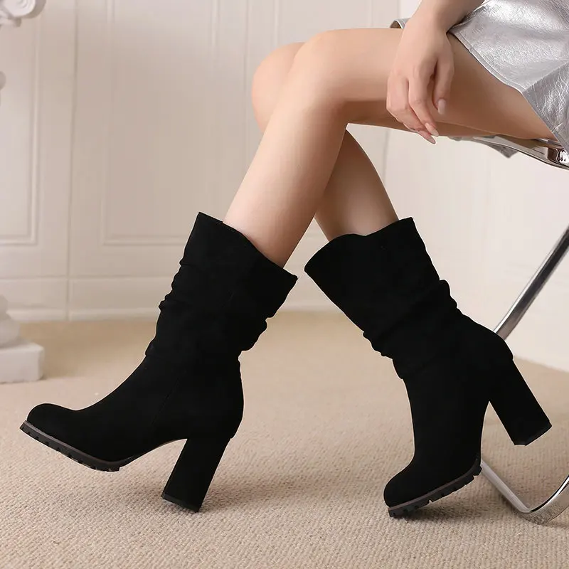 Pleated Faux Suede Brown Black Mature Woman Shoes Winter Autumn Mid-calf Slip-ons Block High Heels Western Charm Boots Size 13