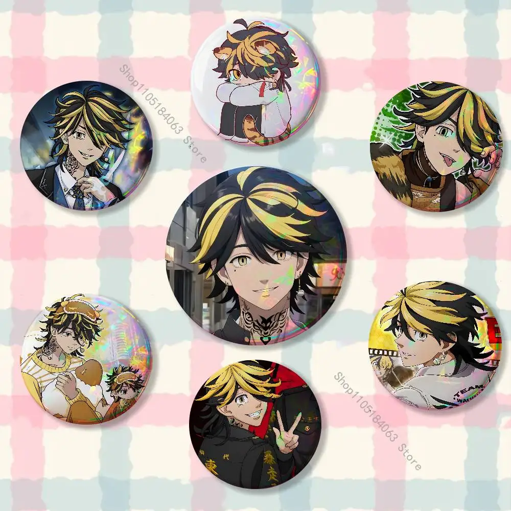 T-Tokyo Kazutoras R-Revengers H-Hanemiya Laser reflective round badges pins bag clothing decorations collectibles gift to friend