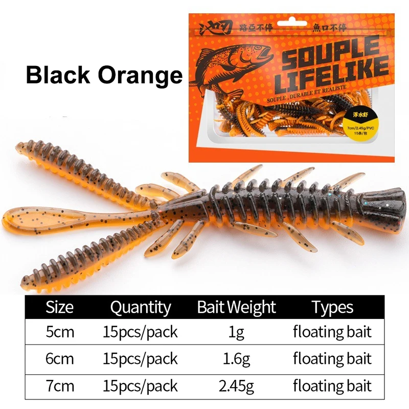 15-teiliges Set Schwimmende Garnelen-Softköder für Drop-Shot-Angeln, Bass, Mandarin-Fisch, Angelwurm-Set, Süßwasser-Angelausrüstung, Sortiertes Set