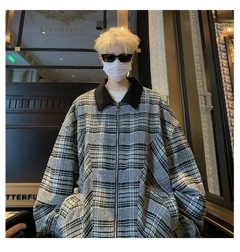 American checkerboard retro jacket men's autumn and winter loose large size 300 pounds versatile high-end coat top ins y2k emo