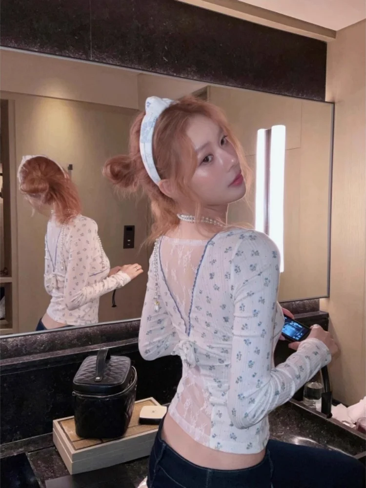 T-shirt francese Sle lunga Sve T-shirt invernale da donna New V-ne Lace Ba Nodo Stampa floreale Strato base Pure Desire Top