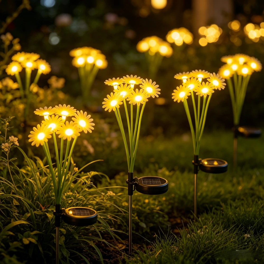 Outdoor Solar String Daisy Stake Lights, Waterproof Chrysanthemum LED Ground Lamps for Aesthetic Courtyard Garden Yard Decor