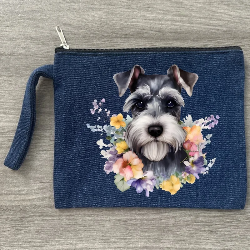 

schnauzer Canvas Denim Cosmetic Bag Organizer Travel Sundries Storage Pouch Office Pencil Case Zipper Wallet Gift