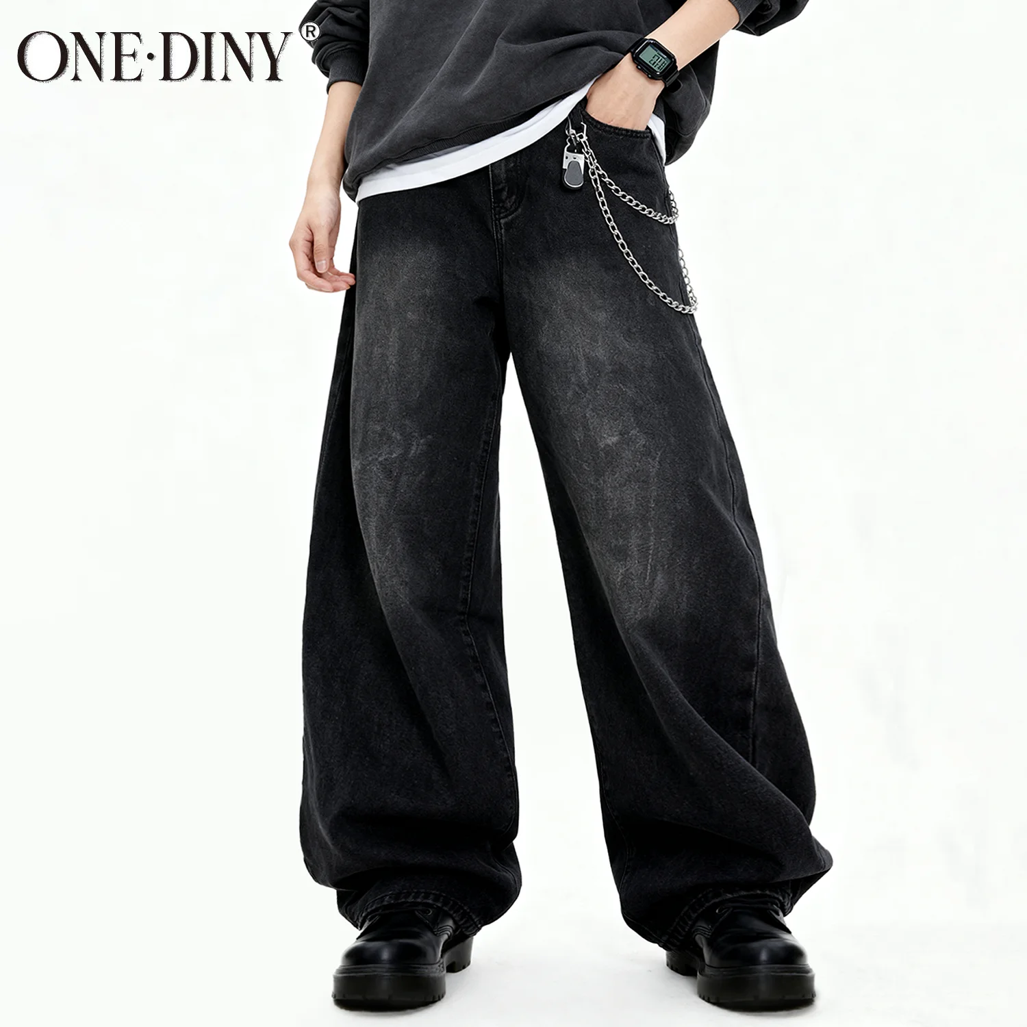 ONE·DINY American Retro Anime Pattern Printed Baggy Men's Jeans Black Street Style Washed Straight Leg Denim Pants Halloween