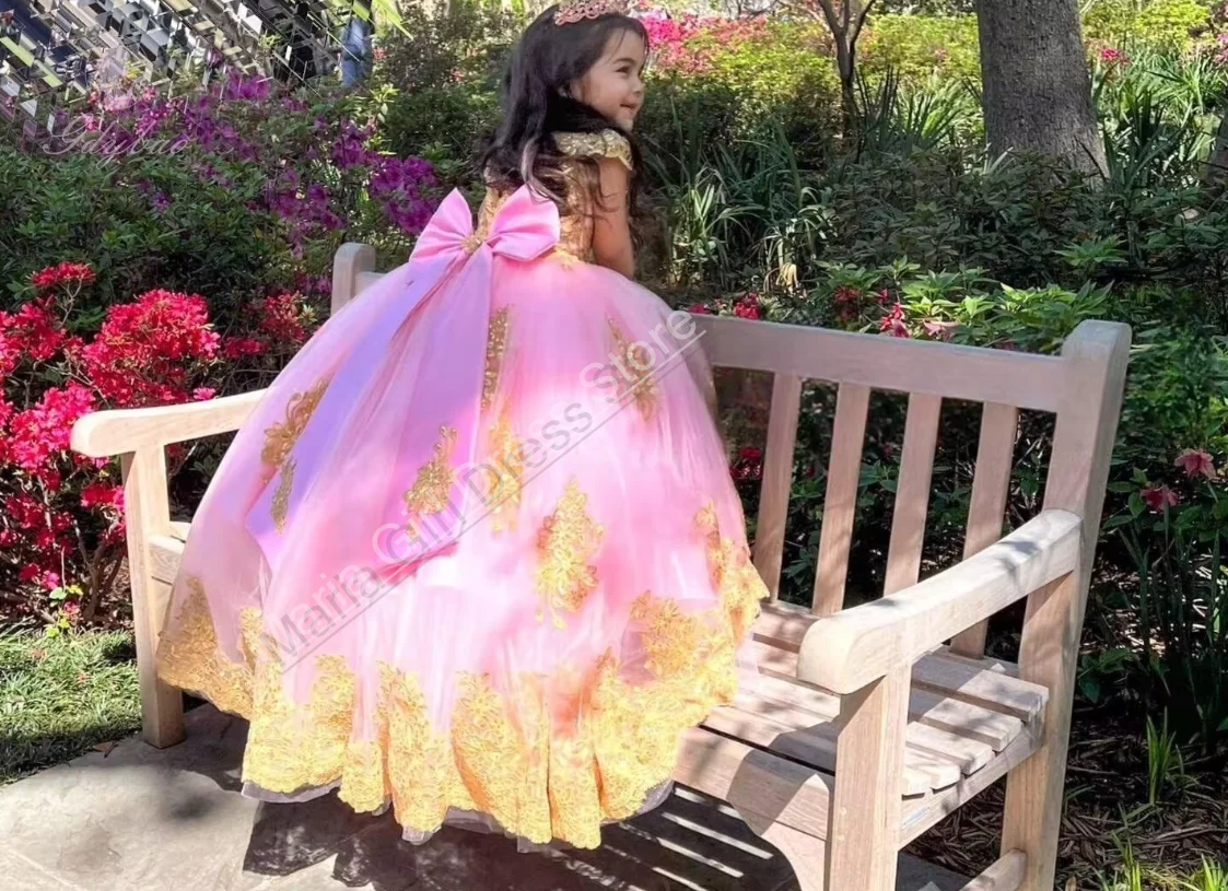Kids Gold Applique Evening Gown Fluffy Short Sleeve Flower Girl Dresses For Wedding Beauty Pageant Formal Occasions Birthday