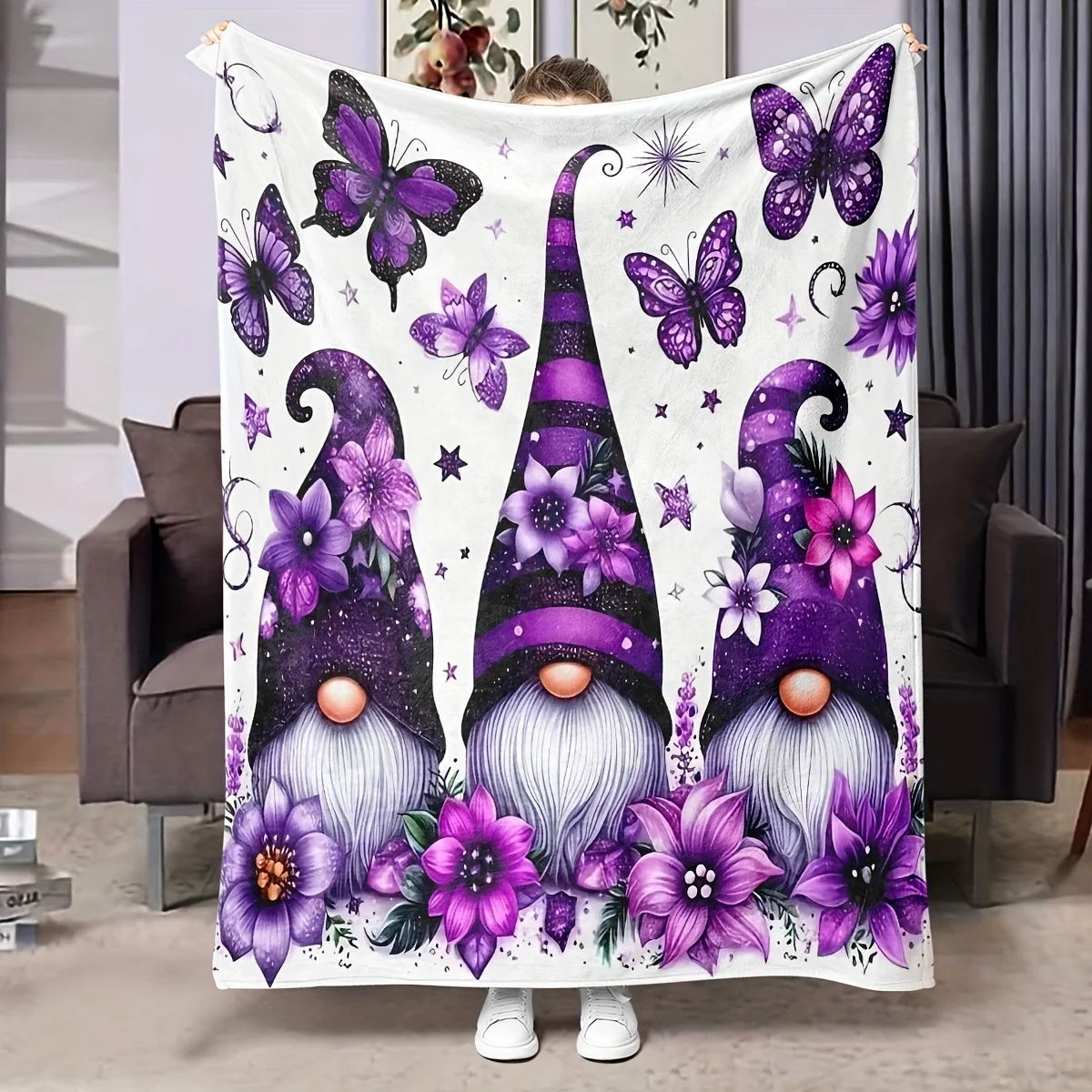 Cozy Purple Gnome & Butterfly Floral Flannel Throw Blanket Warm, and Versatile for Couch, Bed, Office, Shawl, Camping