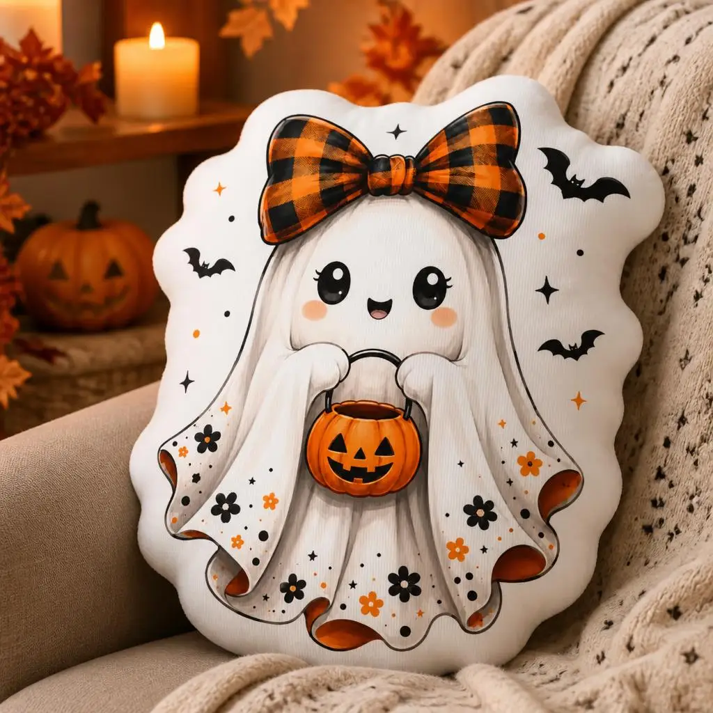 Cute Ghost Halloween Pumpkin Buffalo Plaid Plush Pillow Cushion Irregular Stuffed Throw Pillow Home Decor Gift Sofa Bed Couch