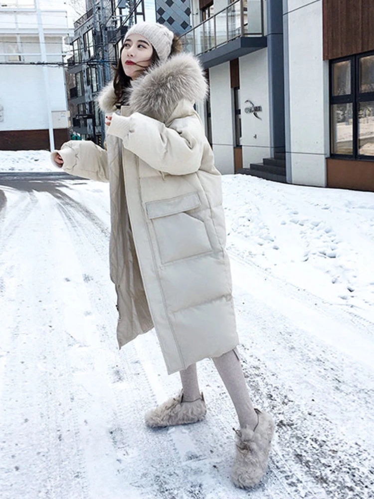 2023 Women Cotton Padded Jacket Winter Hooded Large Fur Collar Parkas Coat Warm Snow Outwear Loose Casual Long Winter Jacket