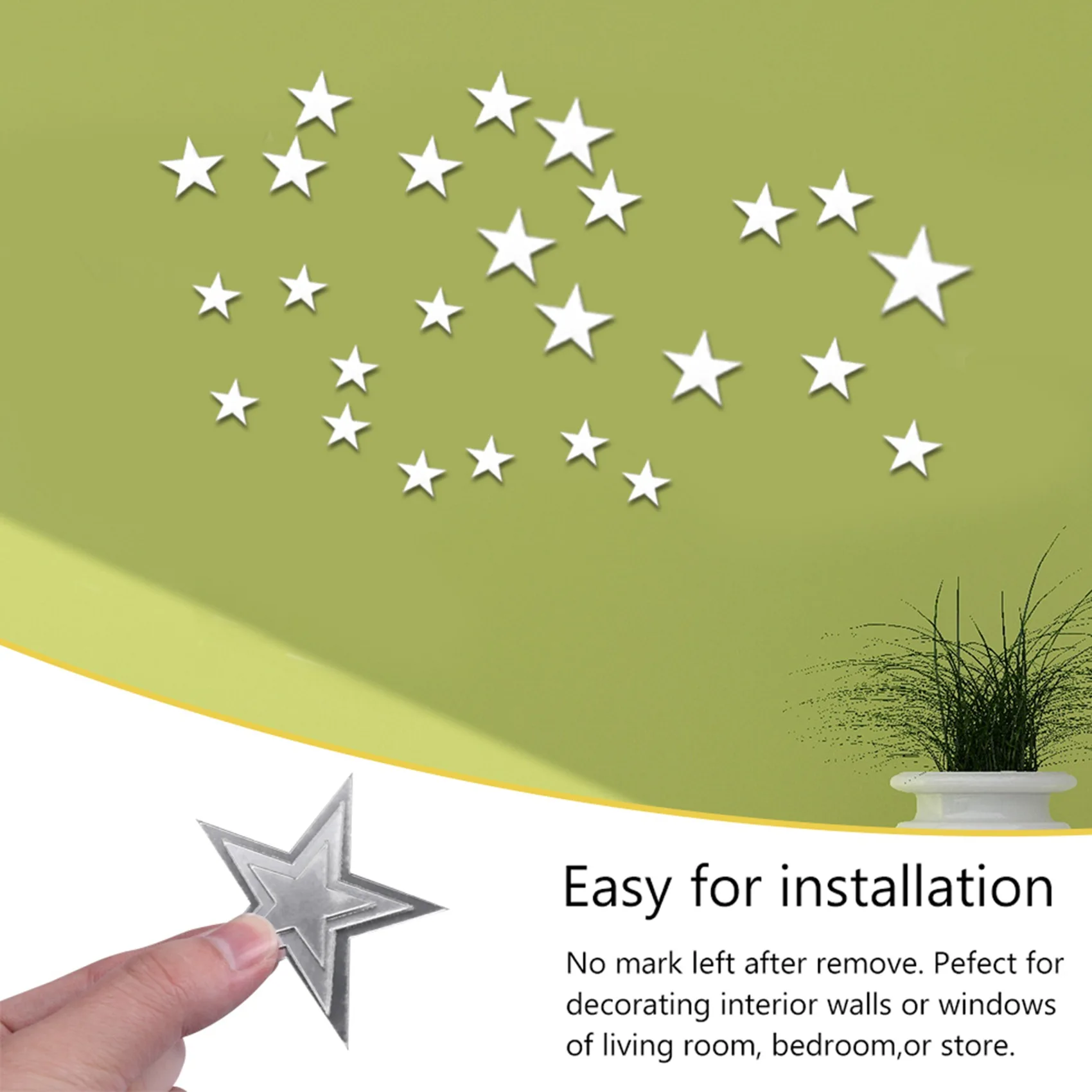 3D Sticker, 20 X Star Art Mirror Wall Sticker Surface Decal Home Room DIY Art Decor (Silver)