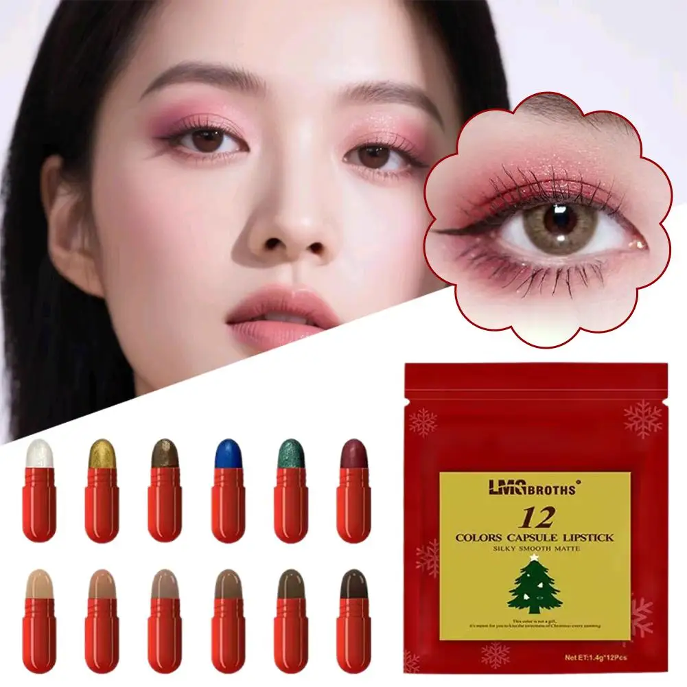 Ensemble de rouges à lèvres capsules chaudes de noël, 12 pièces, ombre à paupières, brume mate, velours, facile à colorer, adapté au maquillage quotidien