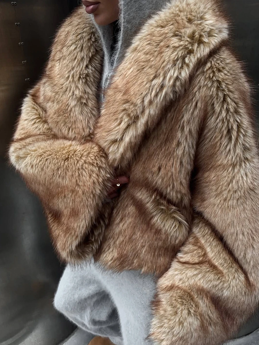 Women's Faux Fur Coat Fluffy Camel Oversized Lapel Collar Cropped Winter Warm Thick Jacket Elegant Luxe Chic Outerwear