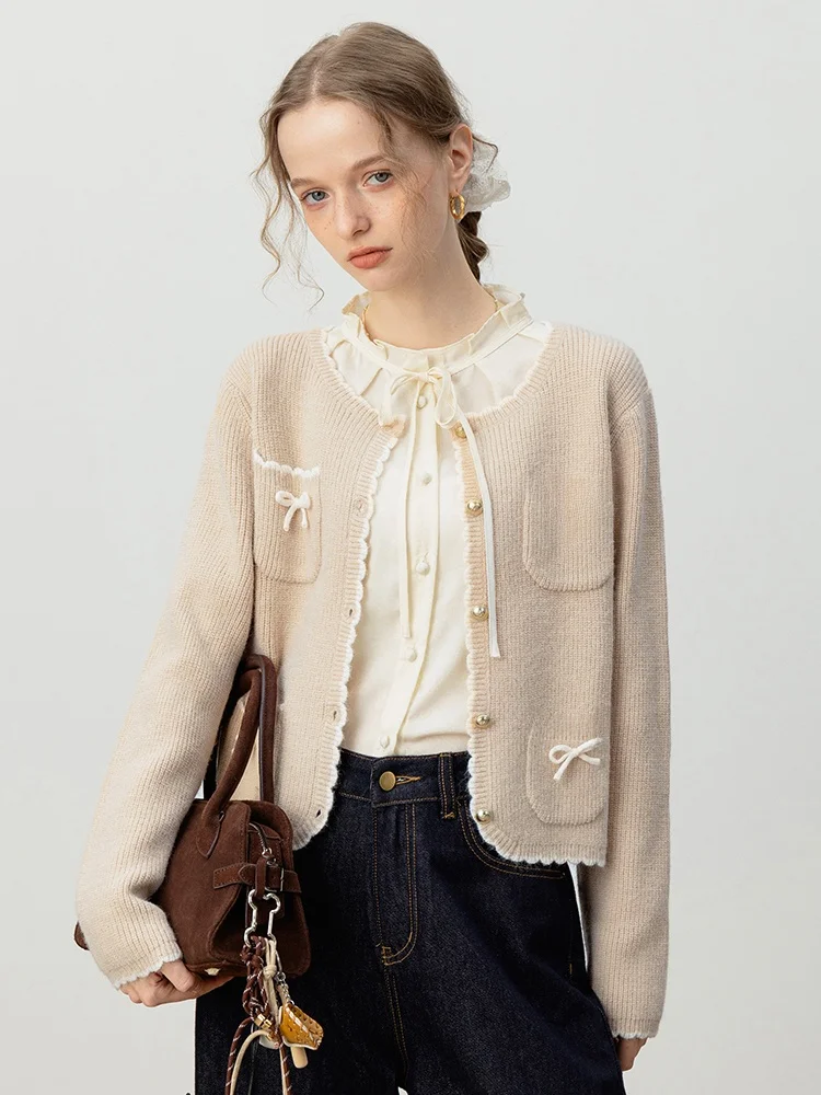 

EGGKA round Ne Lace Long Sve Knitted Open Cardigan Women's Autumn Multi-ket Knot Ele Top