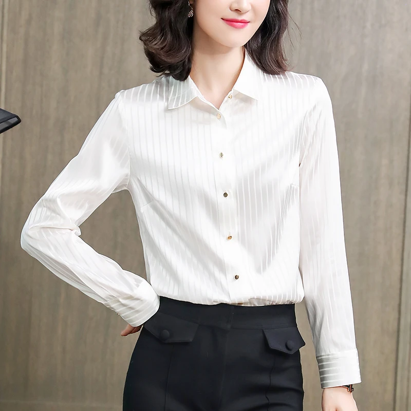 

Real Silk Women's Satin Shirt Turn-down Collar Long Sleeve Elegant Shirts for Women Basic Blouses Woman Striped Blouse Tops