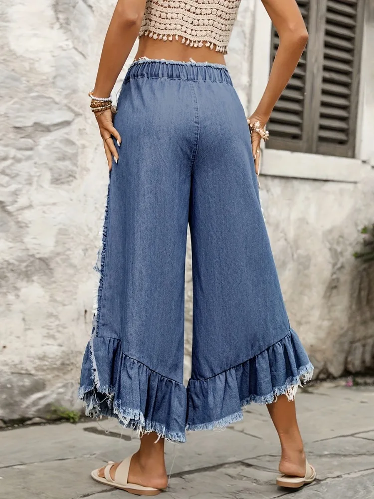 Uoozee Women's Trendy Fringed Ruffle Hem Casual Jeans 2026 New Loose Drawstring Elastic Waist Wide Leg Denim Pants Bottoms