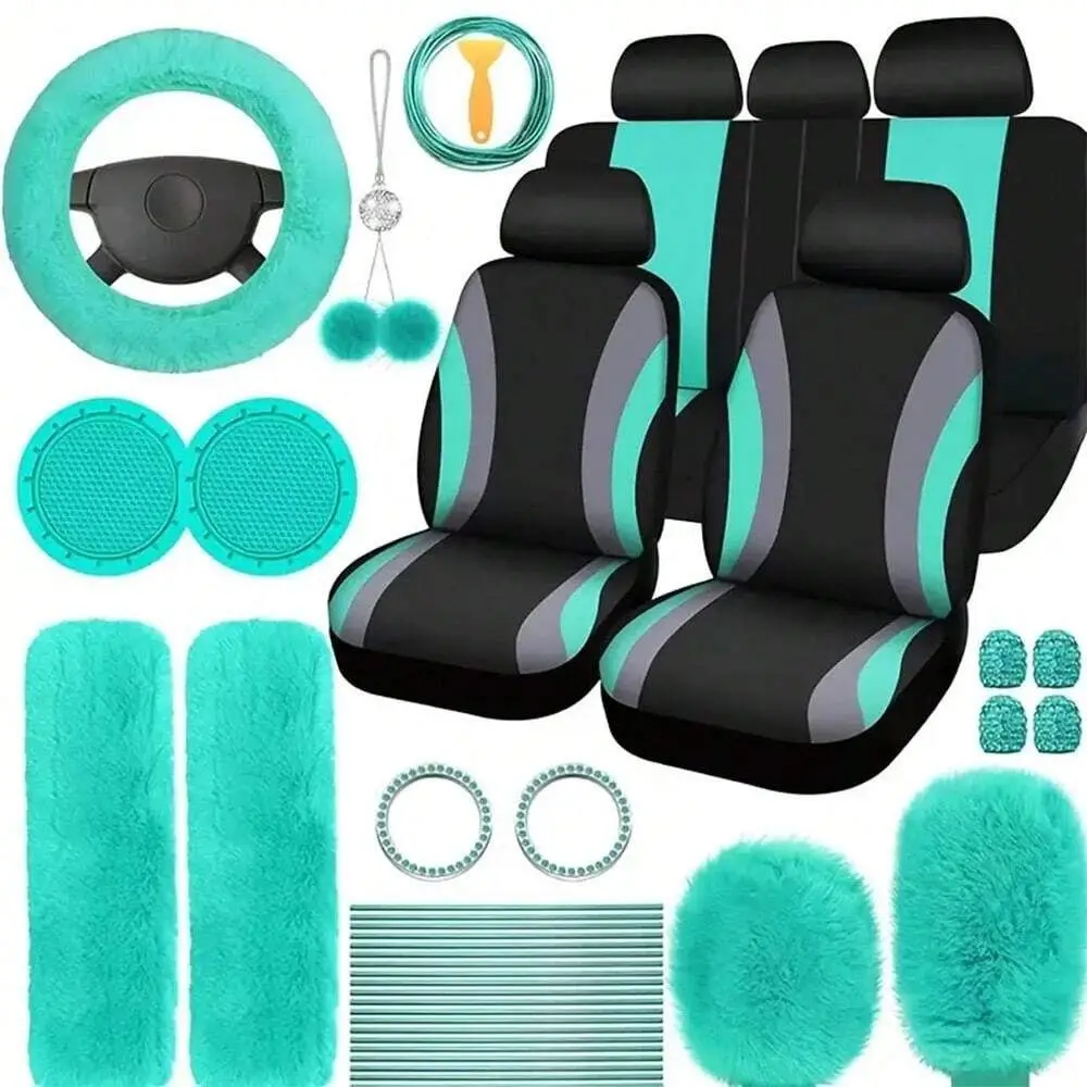 Car Seat Cover Set With Steering Wheel Cover, Cup Holder Coasters, Shoulder Pads, And Accessories Polyester Fabric Interior Deco