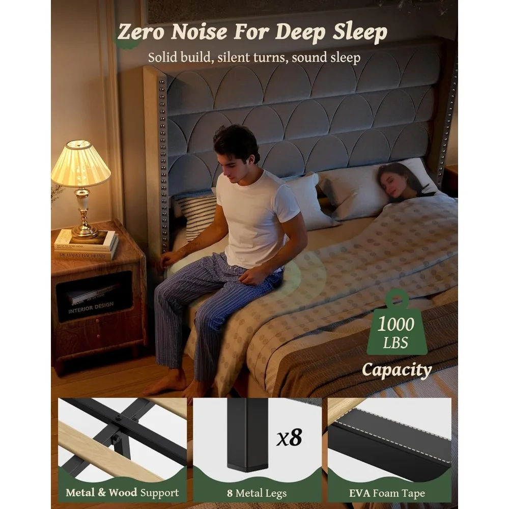 إطار سرير بحجم كينج مع لوح رأسي مقاس 56 بوصة - دعم سعة 1000 رطل، إطار سرير بمنصة جناح منجدة مخملية، خالي من الضوضاء، S