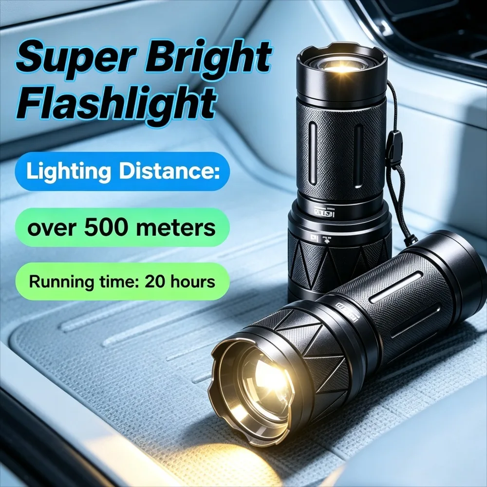 Compact Portable Super Bright Zoomable Flashlight Large‑capacity Torch for Outdoor Camping Household Emergency Lighting