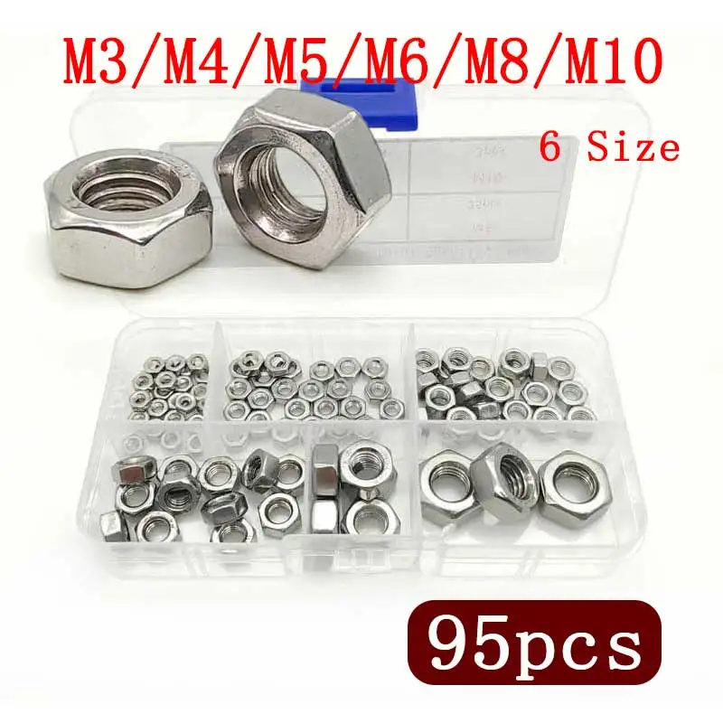 95Pcs/set M3 M4 M5 M6 M8 M10 304 Stainless Steel Hex Hexagon Nut Set 6 Sizes Of Household Nuts Assortment Kit