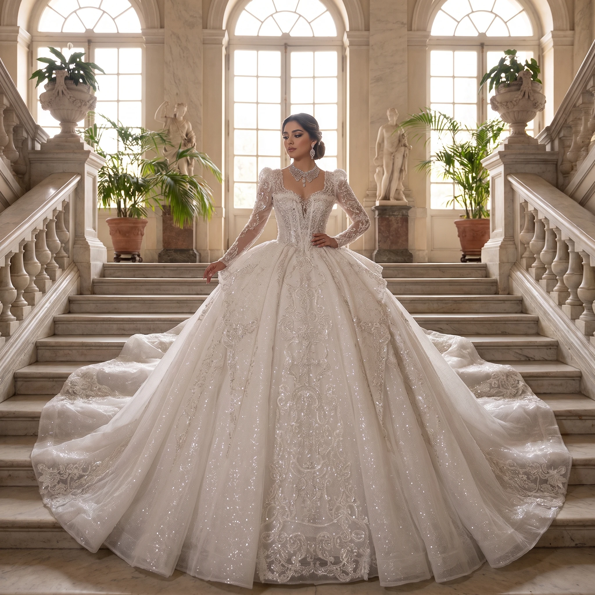 Princess White Glitter Ball Gown Customized Wedding Dress Scoop Crystal Long Sleeves Beaded Lace Panel Over Skirt robe de mariée