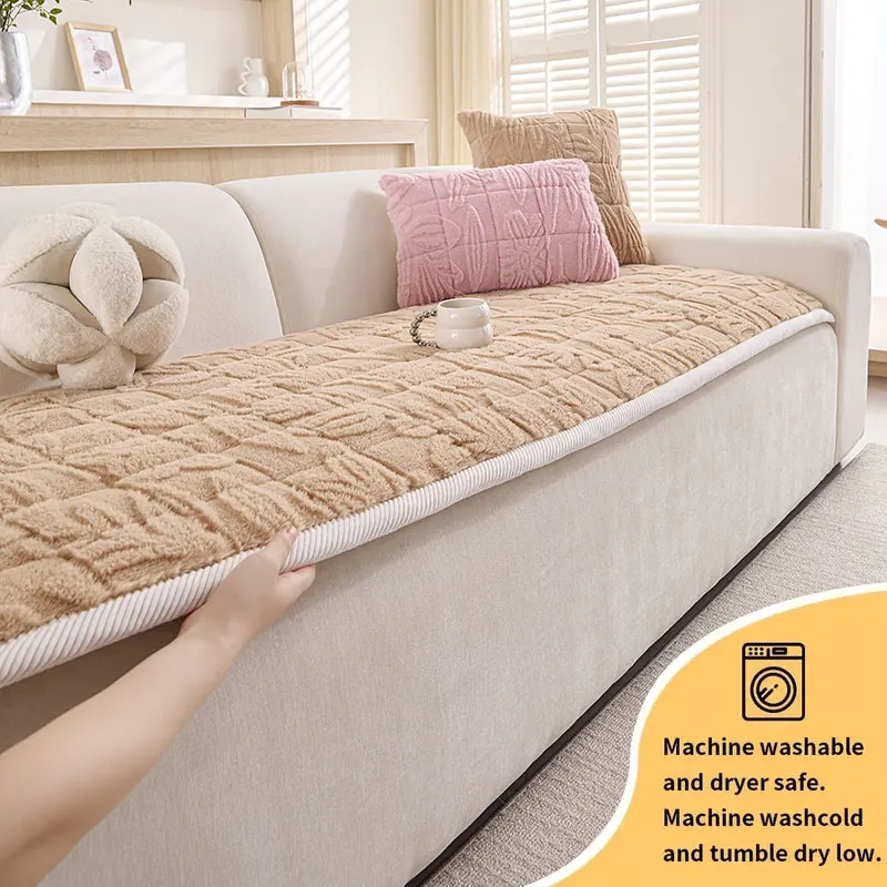 1PC-Cream style plush sofa cushion autumn and winter sofa cushion anti slip one-piece thick straight row cushion