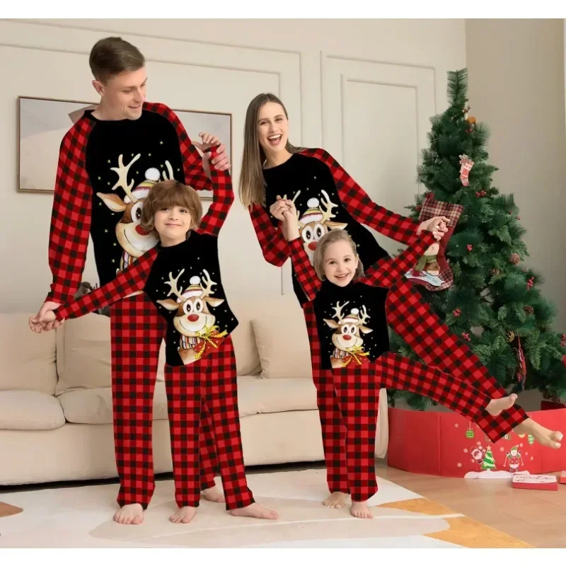 Family Matching Outfits Red Plaid 2pcs Sleepwear Dad Mom Daughter Son Family Christmas Pajamas Cartoon Elk Print Pijamas Set