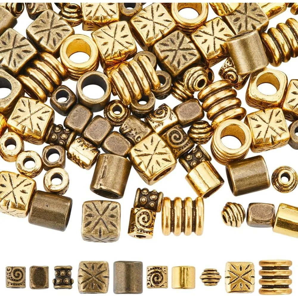 

100 шт., 10 стилей, металлические бусины-разделители в тибетском стиле, бусины-разделители из сплава, колонна, бочонок, винтажные антикварные бронзовые золотые бусины, комплект