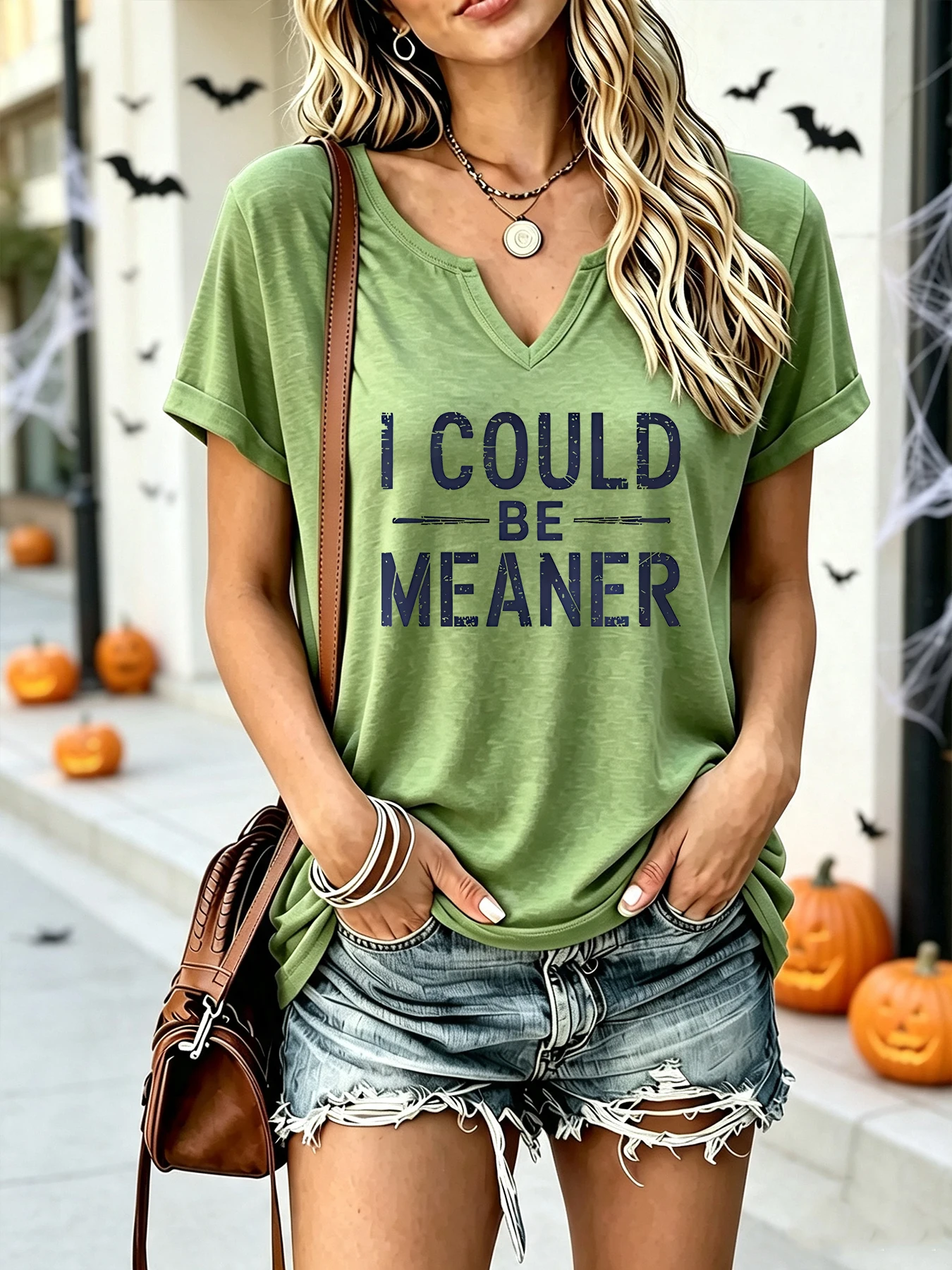 Vintage style, distressed - I-COULD-BE-MEANER Letter print, slit V-neck, rolled cuffs, short sleeves T-shirt, women's clothing