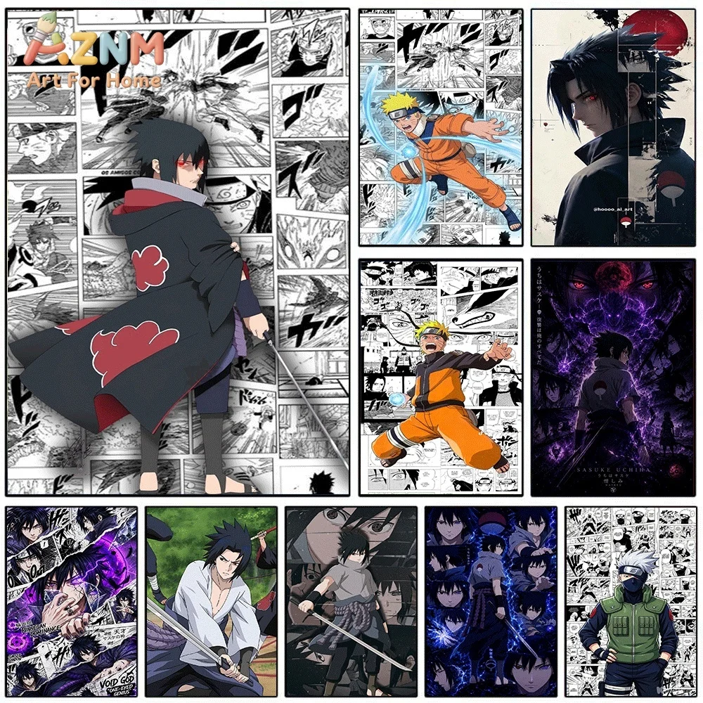 Sasuke Uchiha Akatsuki Cloak Manga Collage Anime Canvas Wall Art Print Poster Unframed Canvas Painting Home Bedroom Wall Decor