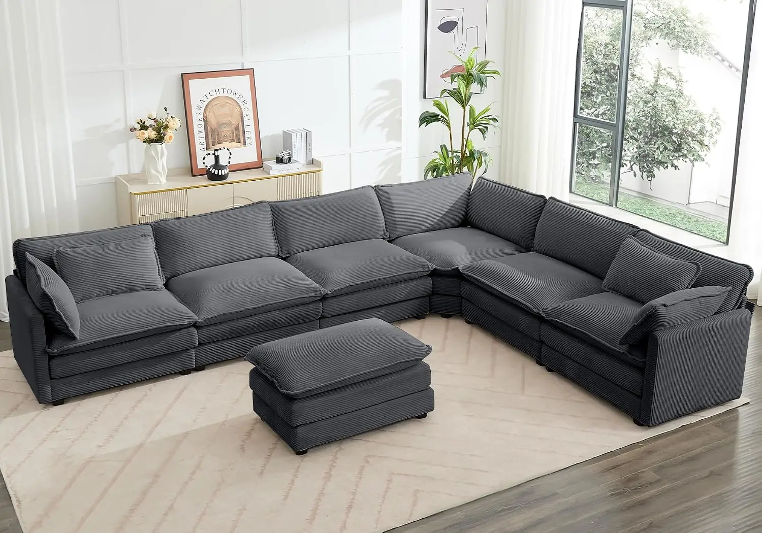 150'' Modular Sectional Corner Cloud Couch, 7 Seater Sofa Big Comfy Corduroy V Shaped Couch with 4 Throw Pillows, Movable Ottoma