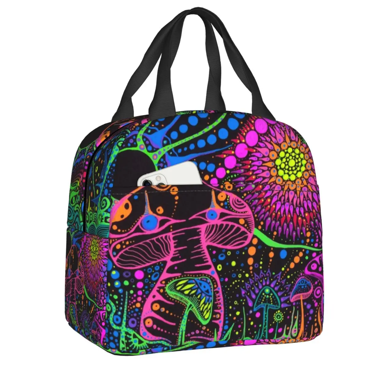 

Сумка для обеда Custom Magic Mushroom Trippy Psychedelic Neon Pastel Goth, термоизолированная сумка-холодильник для мужчин и женщин, для школы и детского сада