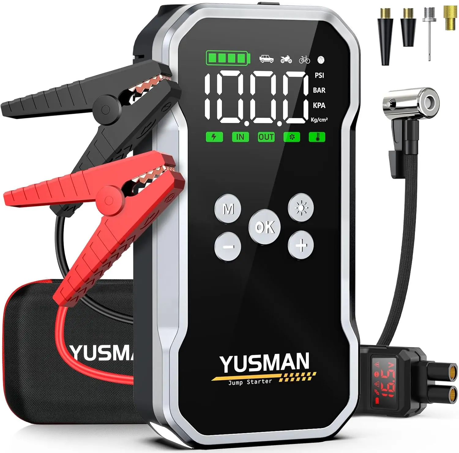 

Пусковое устройство 8000A с воздушным компрессором, 160PSI, для автомобилей до 10.0 л (бензин)/8.0 л (дизель), Power Bank и LED-фонарь