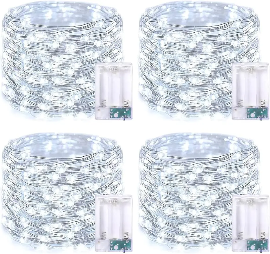 

4 Pack 50 LED Fairy Lights Battery Operated Silver Wire 16.1ft Waterproof White Twinkle Lights for Gifts Party Wedding