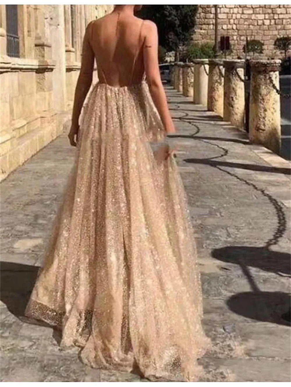 Robe de Soirée Trapèze en Mousseline de Soie Pailletée pour Femme, Tenue Sexy Dos auxen Tulle Plissé avec Traîne en V, 2023